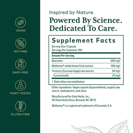 GAIA Herbs PRO Quercetin Synergy 500 – Immune & Cell Health, 100 Capsules
