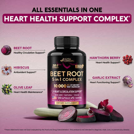 Beet Root Capsules - Heart Health & Blood Pressure Support | Hawthorn Berry, Hibiscus & Garlic - USA Made, 120 Capsules