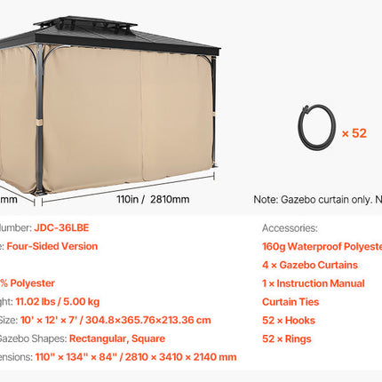 VEVOR Gazebo Curtains 4-Panel Sidewall Gazebo Privacy Curtains with Zippers Universal Sunshade Curtains Replacement for Patio