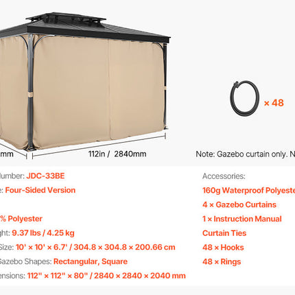 VEVOR Gazebo Curtains 4-Panel Sidewall Gazebo Privacy Curtains with Zippers Universal Sunshade Curtains Replacement for Patio