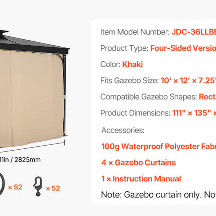 VEVOR Gazebo Curtains 4-Panel Sidewall Gazebo Privacy Curtains with Zippers Universal Sunshade Curtains Replacement for Patio