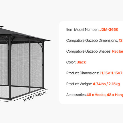 VEVOR Gazebo Netting Replacement Outdoor Garden Gazebo Net 4-Panel Sidewall Mesh Gazebo Curtain with Double Zipper for Garden