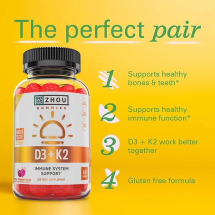 Zhou D3+K2 Gummies – Vitamin D3 & K2 for Immune, Bone & Heart Health | Gelatin-Free, 60 Veggie Gummies (5000 IU D3 + MK-7)