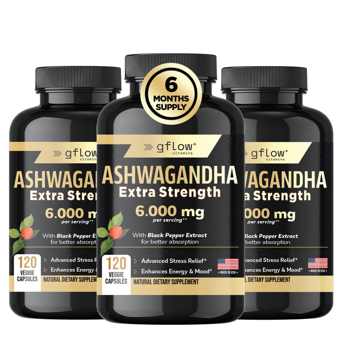 gflow vitamins Ashwagandha 6000mg – Extra Strength, vegan, non-GMO – Made in USA | Sleep, Mood & Energy | Pack of 3
