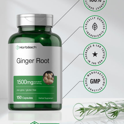 Horbäach Ginger Root Capsules 1500 mg | 150 Pills | Non-GMO, Gluten Free | Ginger Root Extract (Pack of 2)