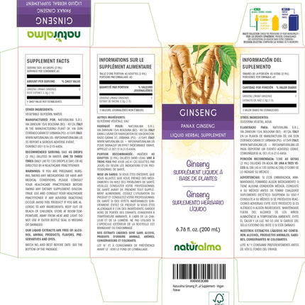 Naturalma Ginseng Root Tincture (Panax Ginseng) - Alcohol-Free Drops, 6.76 fl oz | Vegan