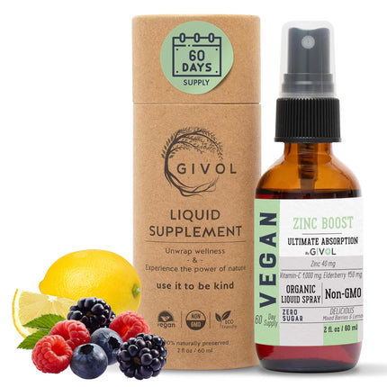 GIVOL Organic ZINC Boost Mist 40 mg – Sugar Free, Vitamin C & Elderberry – Vegan Liquid Spray (60 ml)