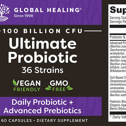 Global Healing Center Ultimate Probiotic Blend with Prebiotics — 100 Billion CFU, 60 Capsules