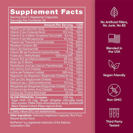 Glow Prenatal Vitamins – 60 Capsules, 20-in-1 Nutrients for Healthy Pregnancy