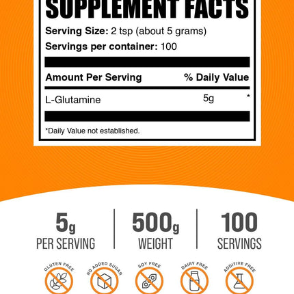 BulkSupplements L-Glutamine Powder – 5g Per Serving, 500g, Unflavored & Gluten Free