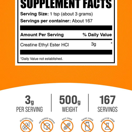 BulkSupplements Creatine Ethyl Ester HCl Powder – 3g/Serving, Unflavored, Gluten Free, 500g