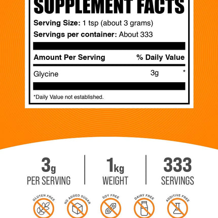Glycine Powder - Unflavored, Gluten Free | BulkSupplements.com 1kg (2.2 lbs)