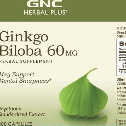 GNC Herbal Plus Ginkgo Biloba 60mg – Vegetarian, Mental Sharpness, 300 Servings