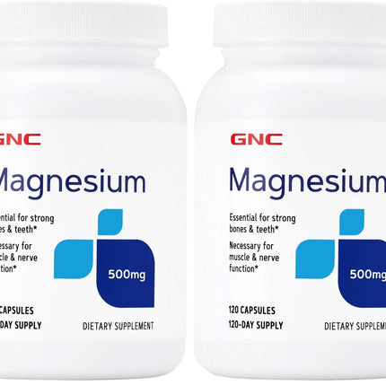 GNC Magnesium 500mg – 120 Capsules (Pack of 2) Supports Calcium Absorption & Strong Teeth