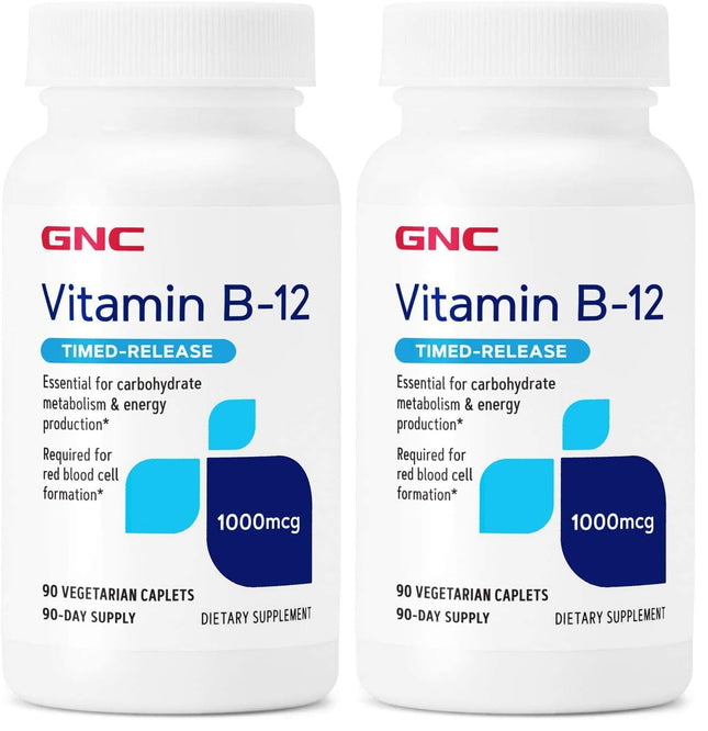 GNC Vitamin B-12 1000mcg - 90 Vegetarian Caplets (Pack of 2) | Supports Energy Production