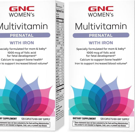 GNC Women's Prenatal Multivitamin with Iron | Supports Pregnancy & Baby Development | 120 Caplets (Pack of 2)