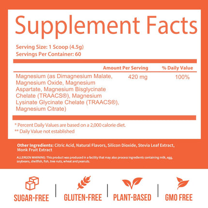 GoBiotix Magnesium Glycinate Powder – 420 mg, High Absorption Complex, Peach Tea, 60 Servings