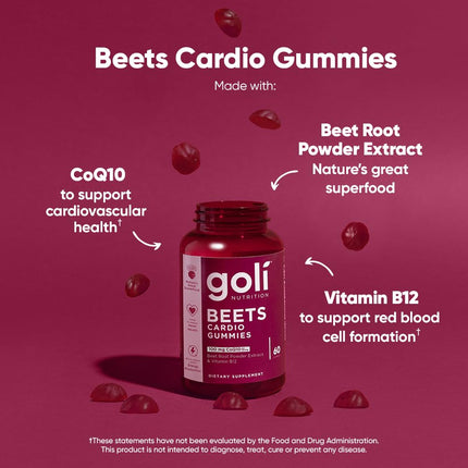 Goli Beets Cardio Gummies with CoQ10 & Vitamin B12 – Beetroot Extract for Cardiovascular Wellness – Vegan, Non-GMO, Gluten-Free – 60 Count (3 Pack)