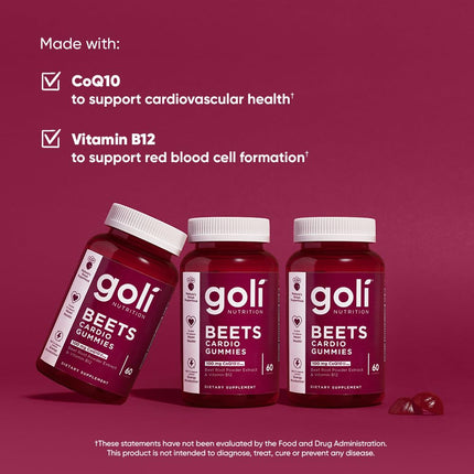 Goli Beets Cardio Gummies with CoQ10 & Vitamin B12 – Beetroot Extract for Cardiovascular Wellness – Vegan, Non-GMO, Gluten-Free – 60 Count (3 Pack)