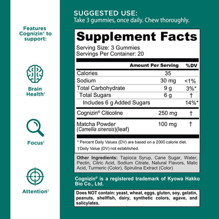 Goli Matcha Mind Gummies – 180 Count | Cognizin for Focus & Brain Health | Vegan, Non-GMO, Gluten-Free