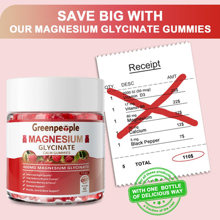 GREENPEOPLE Magnesium Glycinate Gummies 400mg — Sugar Free Raspberry Flavor, Vitamin D & B6 for Calm Support