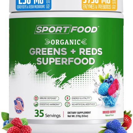 Sport Food Greens & Reds Superfood Powder – Mixed Berry (35 Servings) | 25+ Super Fruits & Veggies