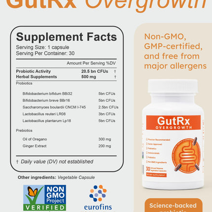 GutRx Overgrowth Probiotics for Gut Health — Saccharomyces boulardii, 30 Capsules