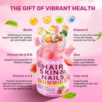 Hair Skin & Nails Gummies with 10,000mcg Biotin – Vitamin Supplement for Hair, Nails & Skin (240 Count)