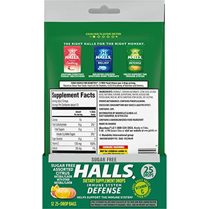 HALLS Defense Assorted Citrus Sugar Free Vitamin C Drops – 300 Drops, 12 Bags