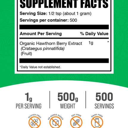 Hawthorn Berry Extract Powder – Organic, Gluten Free (500g) | BulkSupplements