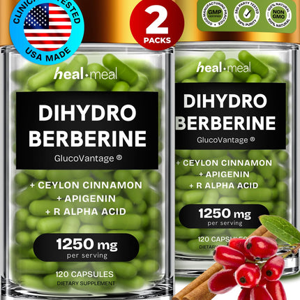 HealMeal Dihydroberberine Supplement - Enhanced Absorption Berberine with Cinnamon & R Alpha Lipoic Acid - 240 Caps (2 Packs)