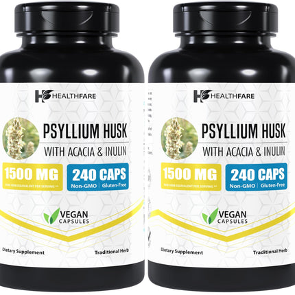 Healthfare Psyllium Husk Capsules 1500mg – 240 Veg Caps – Gluten-Free & Non-GMO Pack of 2