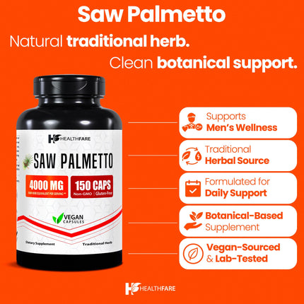 Healthfare Saw Palmetto Extract Capsules 4000mg | 150 Capsules | Hair Growth for Men & Women | Non-GMO & Gluten-Free | Made in USA (Pack of 2)