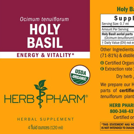 Herb Pharm Holy Basil (Tulsi) Liquid Extract – Certified Organic, Energy & Vitality (4 oz)