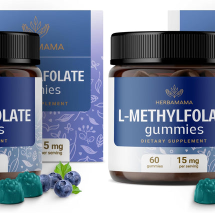 Herbamama L-Methylfolate Gummies 15mg - Calming Brain Support, Vegan & Non-GMO | 60 Blueberry Chews (Pack of 2)