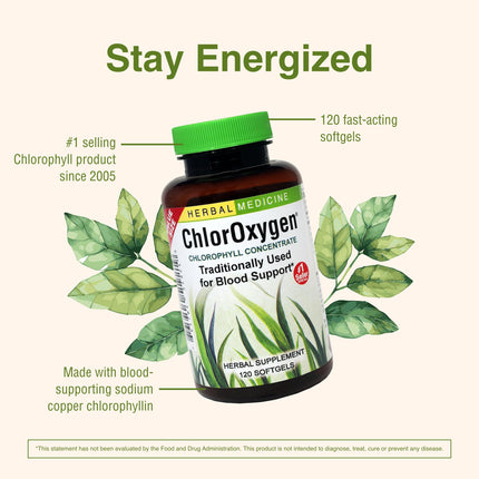 Herbs Etc. ChlorOxygen Chlorophyll Concentrate – Blood Circulation & Altitude Support | 120 Softgels (2 Pack)