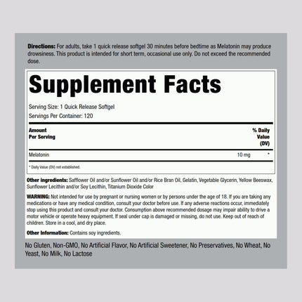 Piping Rock Melatonin 10mg | 120 Softgel Capsules | Quick Release Supplement | Highly Absorbable | Non-GMO, Gluten Free