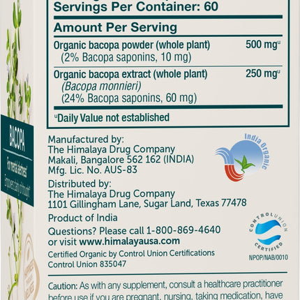 Himalaya Bacopa Monnieri Nootropic – Organic Mind Support, 750 mg, 60 Caplets