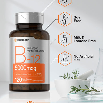 Horbäach B12 5000 mcg – Sublingual Tablets, 120 Count, Vegetarian, Non-GMO, Gluten Free (Pack of 2)