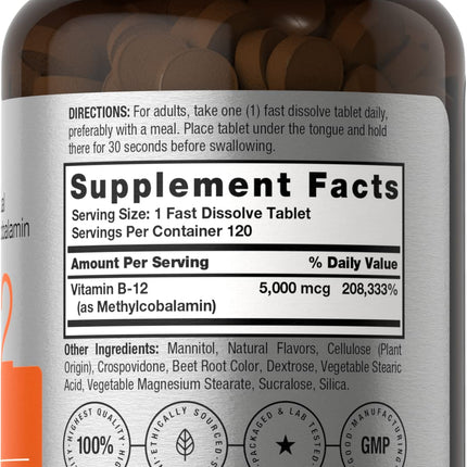 Horbäach B12 5000 mcg – Sublingual Tablets, 120 Count, Vegetarian, Non-GMO, Gluten Free (Pack of 2)