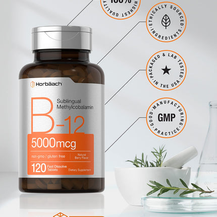 Horbäach B12 5000 mcg – Sublingual Tablets, 120 Count, Vegetarian, Non-GMO, Gluten Free (Pack of 2)