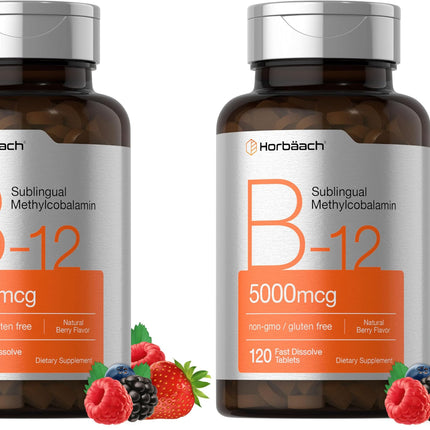 Horbäach B12 5000 mcg – Sublingual Tablets, 120 Count, Vegetarian, Non-GMO, Gluten Free (Pack of 2)