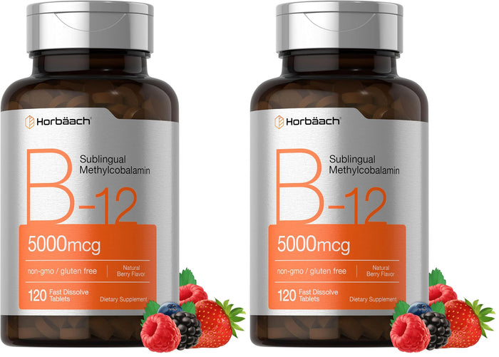 Horbäach B12 5000 mcg – Sublingual Tablets, 120 Count, Vegetarian, Non-GMO, Gluten Free (Pack of 2)