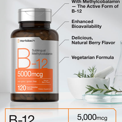 Horbäach B12 5000 mcg – Sublingual Tablets, 120 Count, Vegetarian, Non-GMO, Gluten Free (Pack of 2)