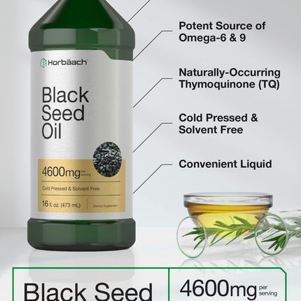 Horbäach Black Seed Oil Liquid 16oz – 4600mg | Cold Pressed Nigella Sativa, Vegetarian & Non-GMO