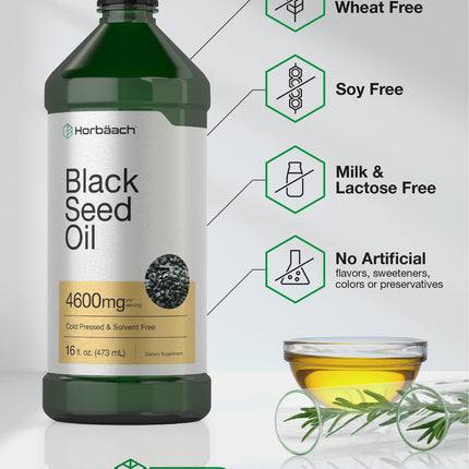 Horbäach Black Seed Oil Liquid 16oz – 4600mg | Cold Pressed Nigella Sativa, Vegetarian & Non-GMO
