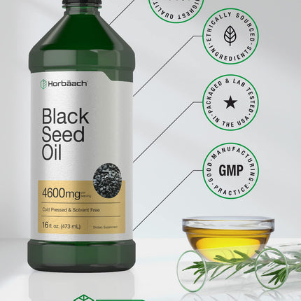 Horbäach Black Seed Oil Liquid 16oz – 4600mg | Cold Pressed Nigella Sativa, Vegetarian & Non-GMO