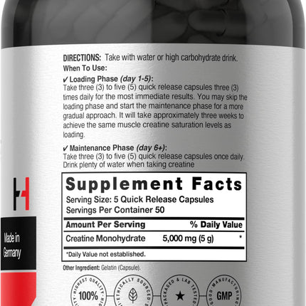 Horbaach German Creatine Monohydrate 5000mg | 250 Capsules | Non-GMO & Gluten Free