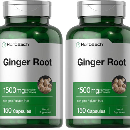 Horbäach Ginger Root Capsules 1500 mg | 150 Pills | Non-GMO, Gluten Free | Ginger Root Extract (Pack of 2)