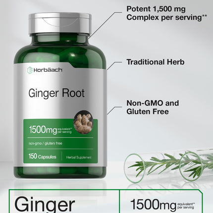 Horbäach Ginger Root Capsules 1500 mg | 150 Pills | Non-GMO, Gluten Free | Ginger Root Extract (Pack of 2)